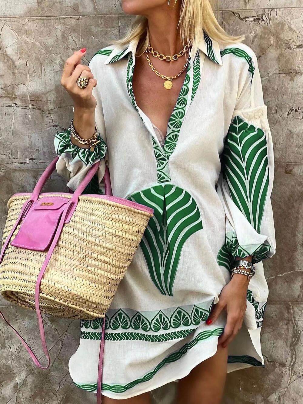 Elysia | Women's V-Neck Printed Long Sleeve Mini Dress