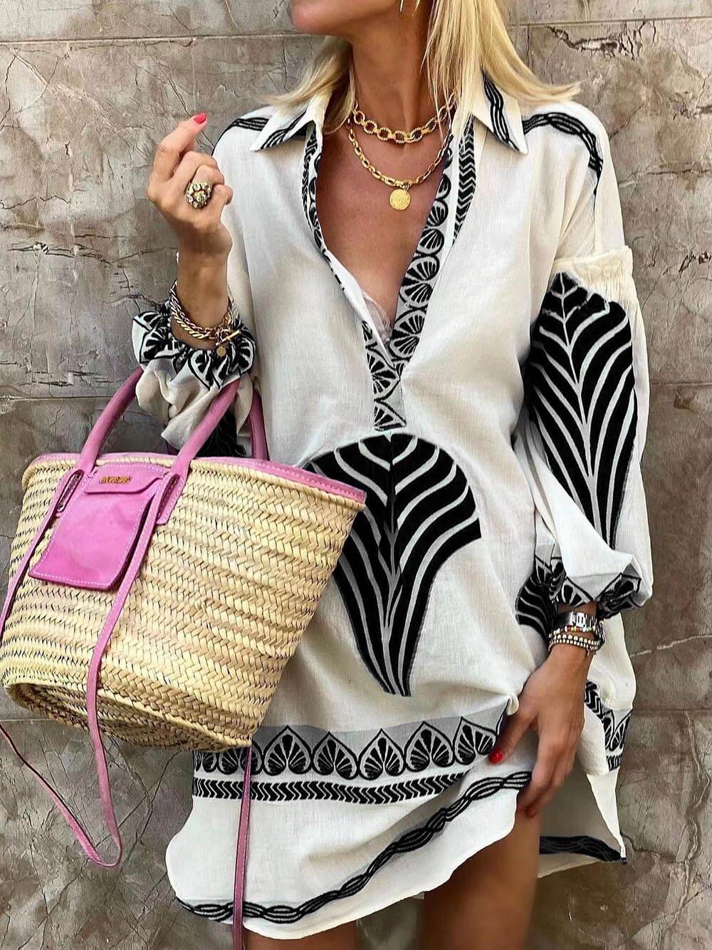Elysia | Women's V-Neck Printed Long Sleeve Mini Dress