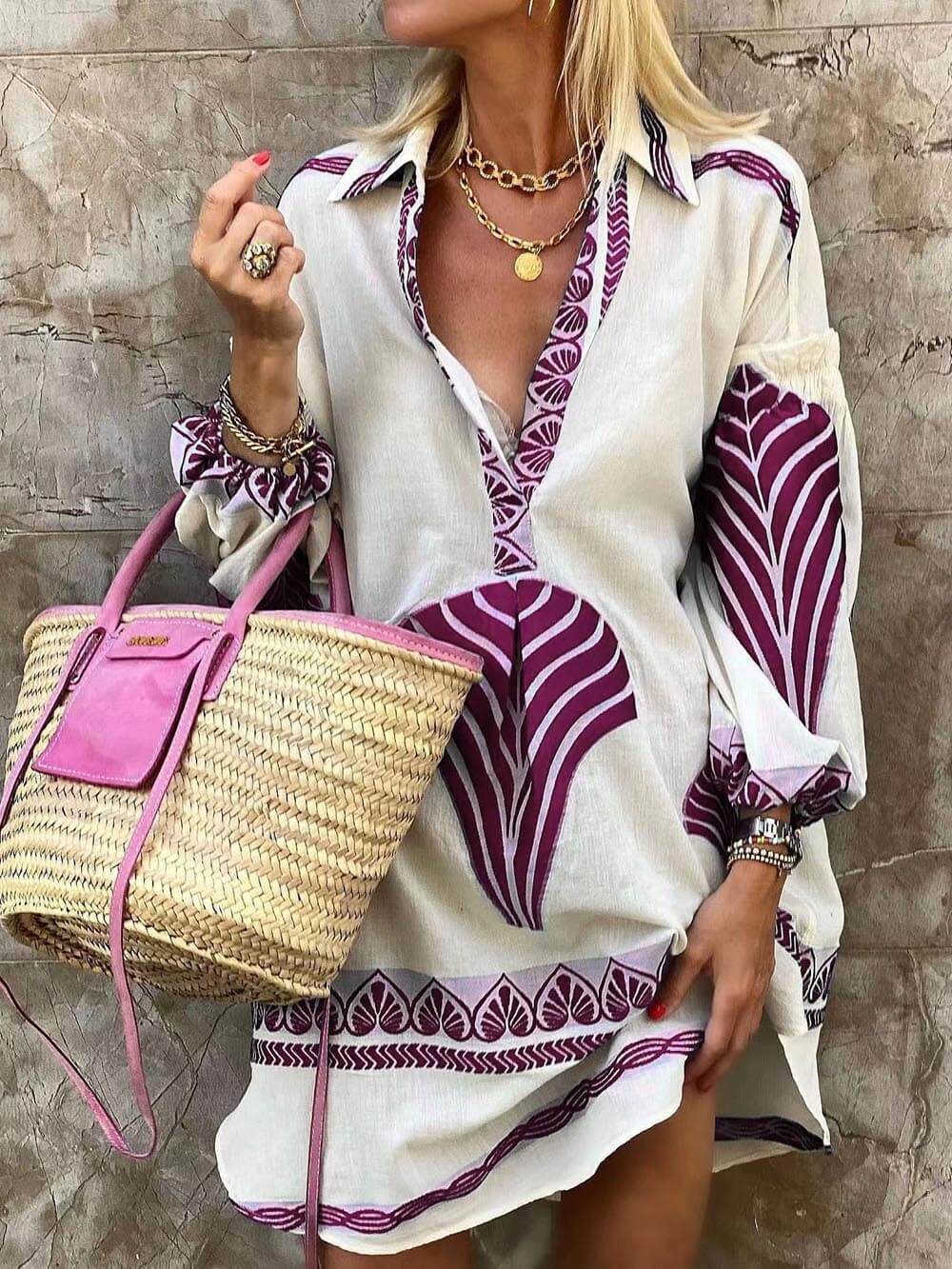 Elysia | Women's V-Neck Printed Long Sleeve Mini Dress
