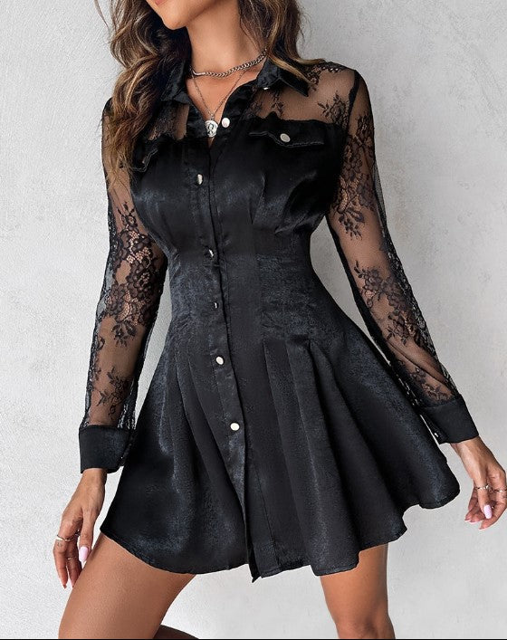 Evangeline | Women's Button Front Long Sleeve Lace Mini Dress