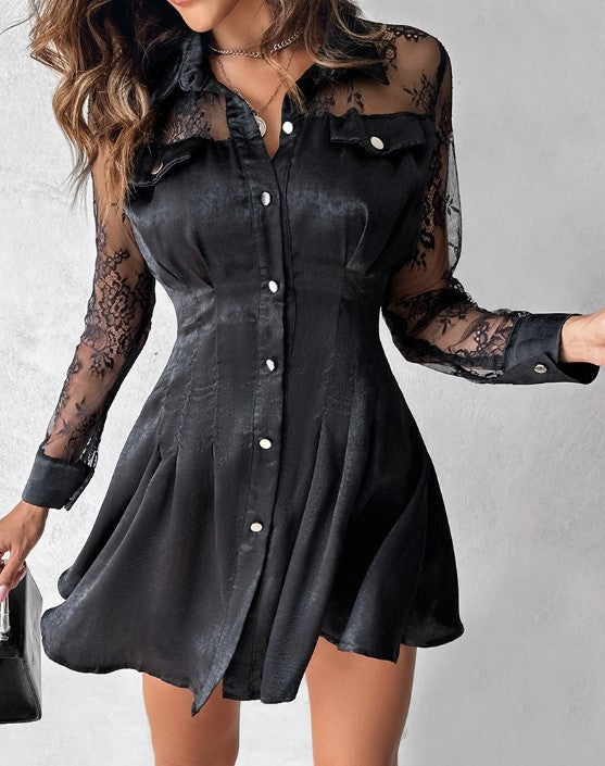 Evangeline | Women's Button Front Long Sleeve Lace Mini Dress